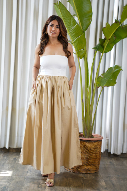 Colorblock beige & white tube maxi dress