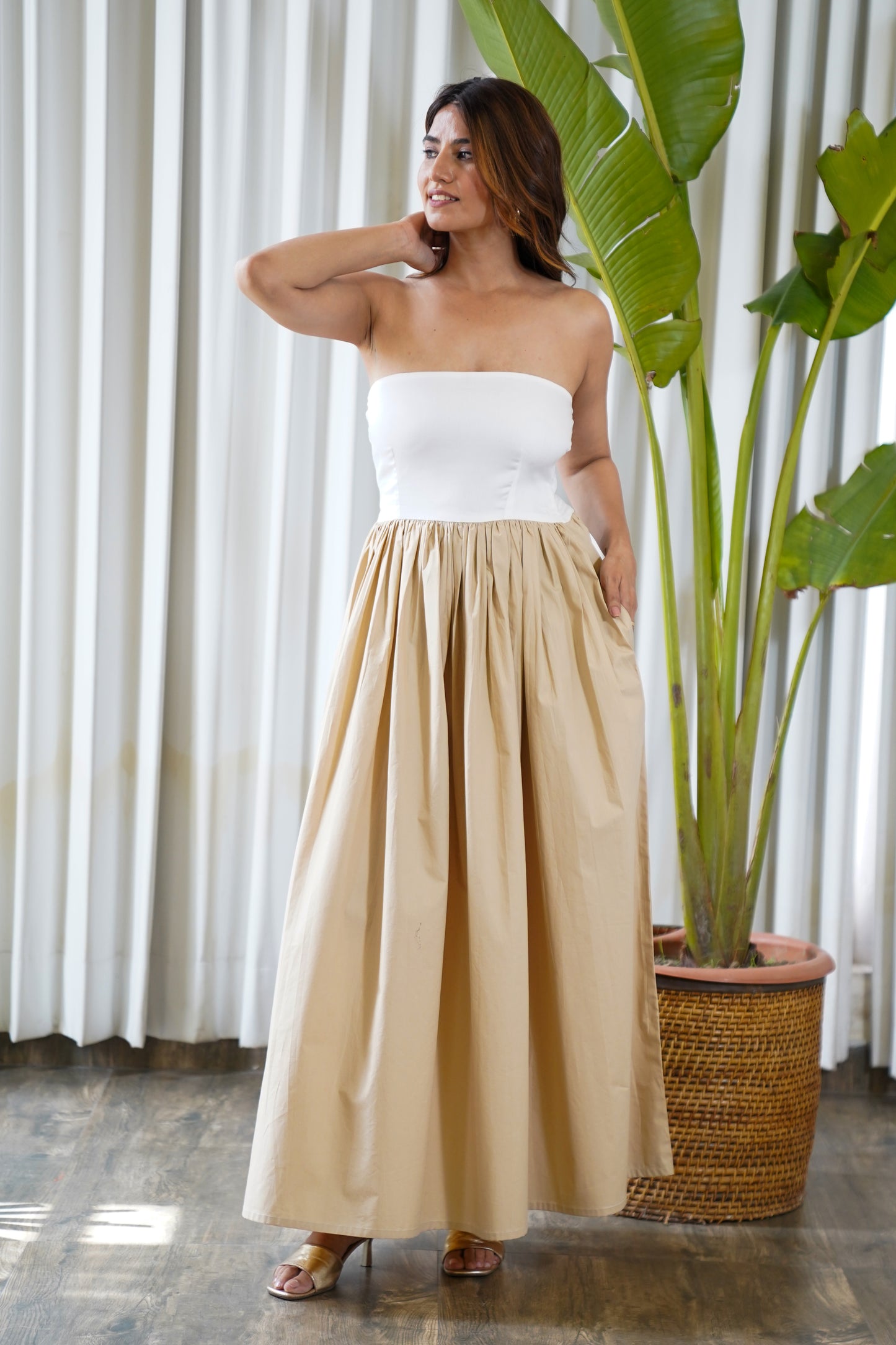 Colorblock beige & white tube maxi dress