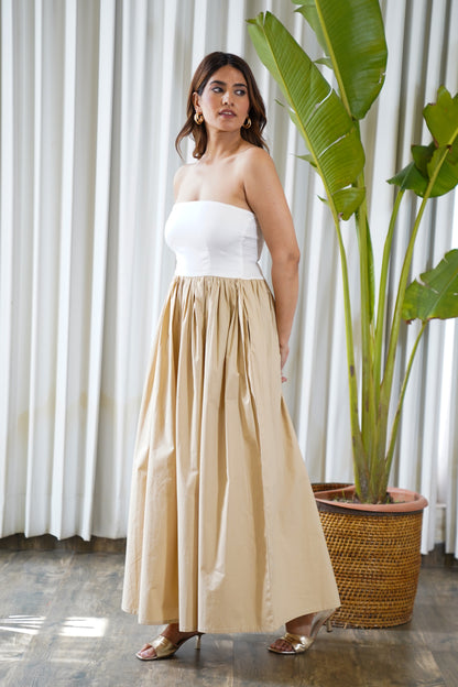 Colorblock beige & white tube maxi dress