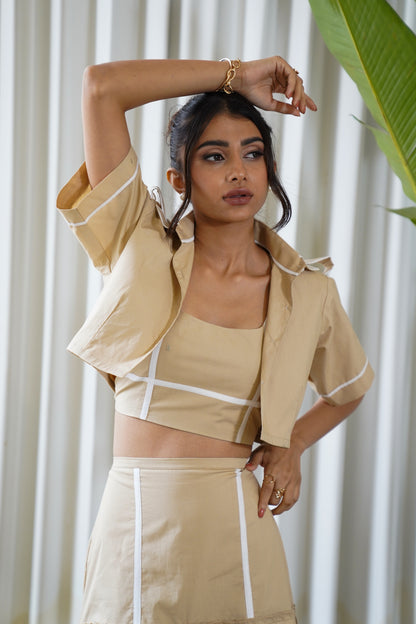 Beige midi skirt with cropped top & cropped jacket set