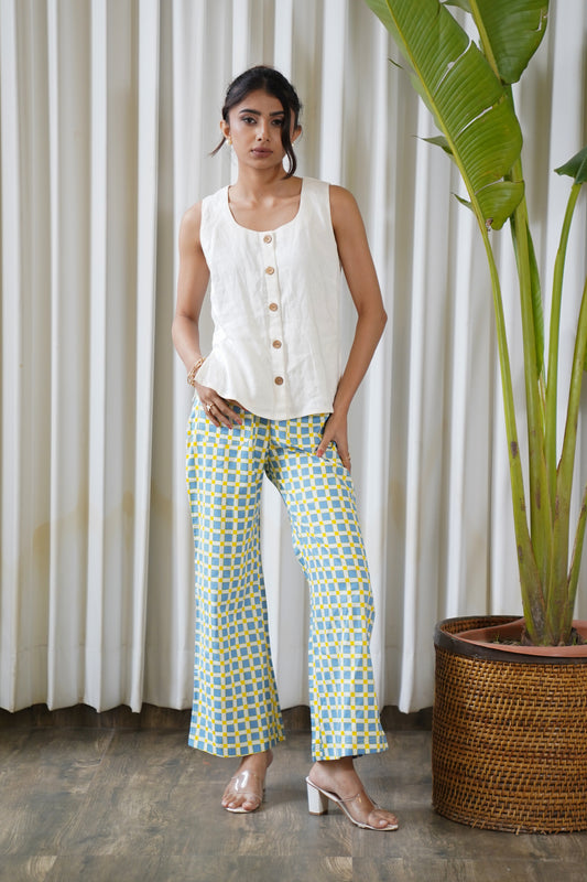 Blue & yellow checkerred culottes pants