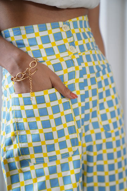 Blue & yellow checkerred culottes pants