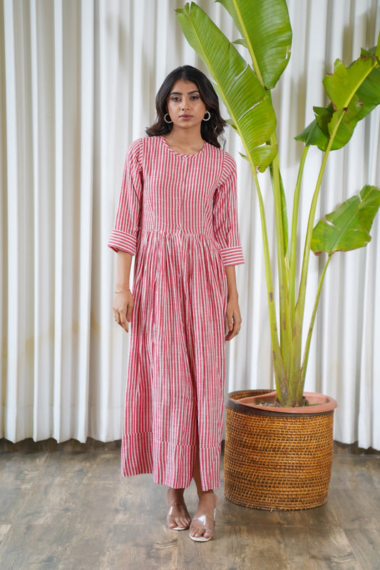 Red & white stripped round neck shirt style maxi dress