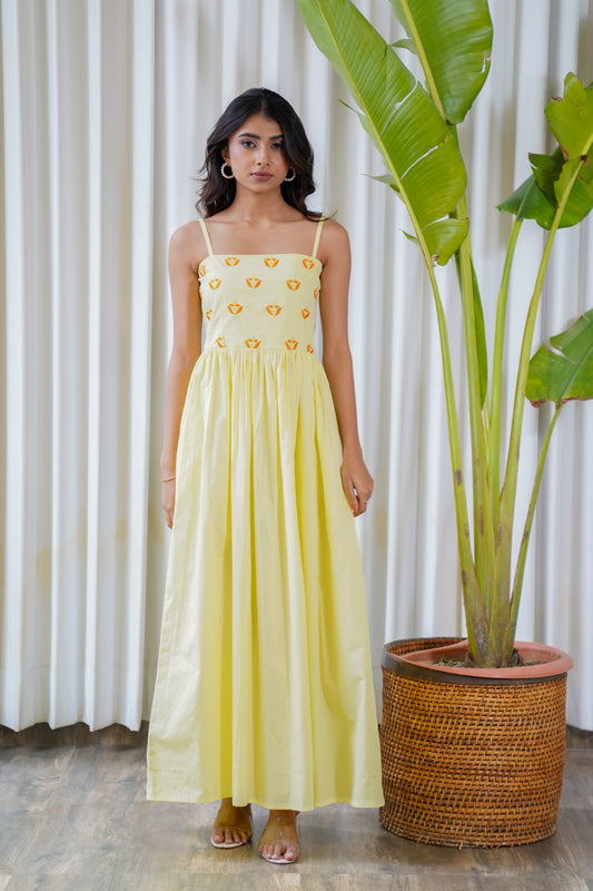 Embroidered bodice strappy yellow maxi dress