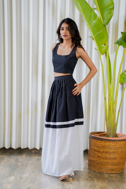 B&W color block skirt with sleeveless crop top set