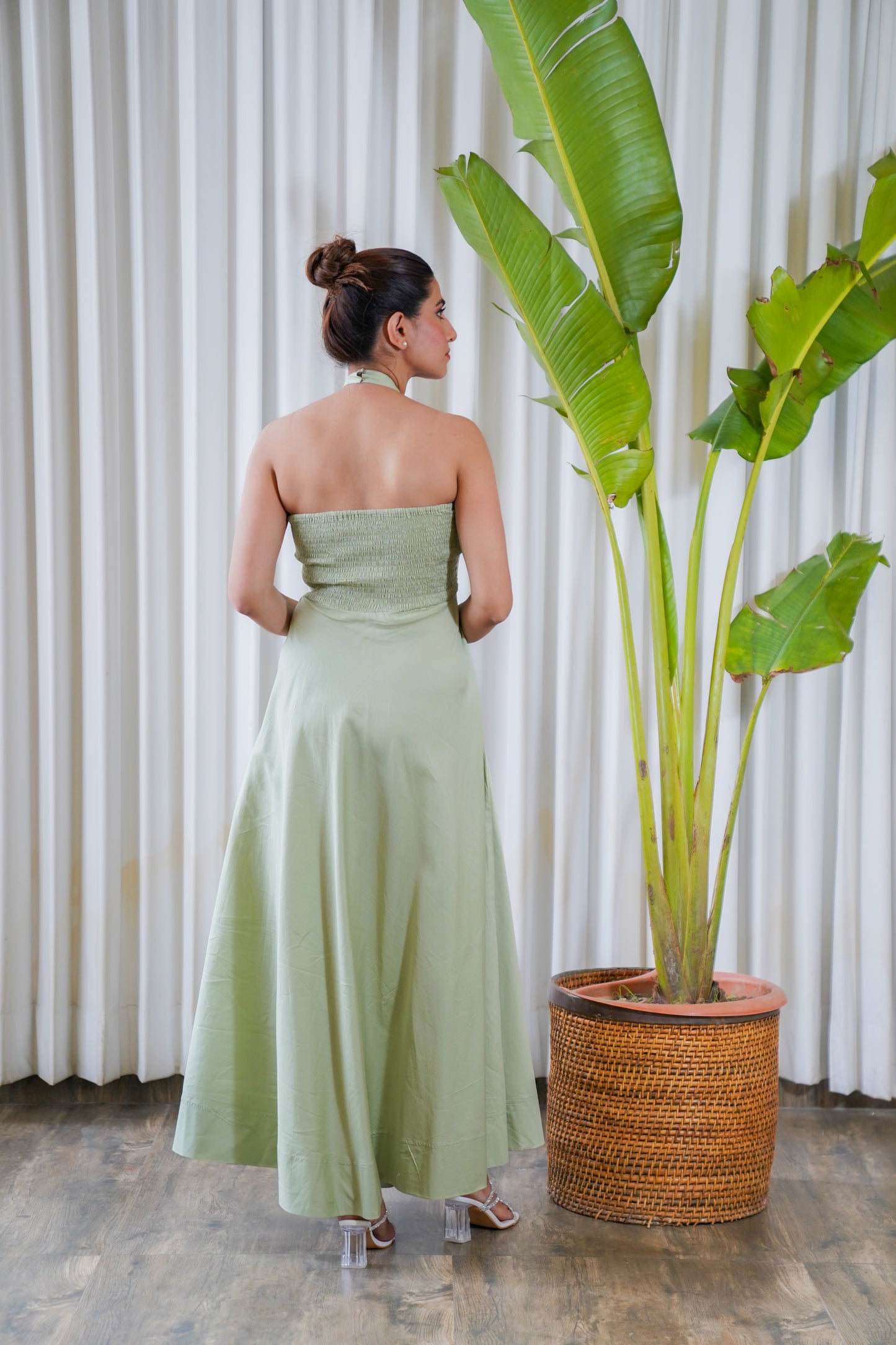 Halter-neck dull green maxi dress