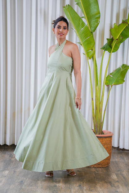 Halter-neck dull green maxi dress