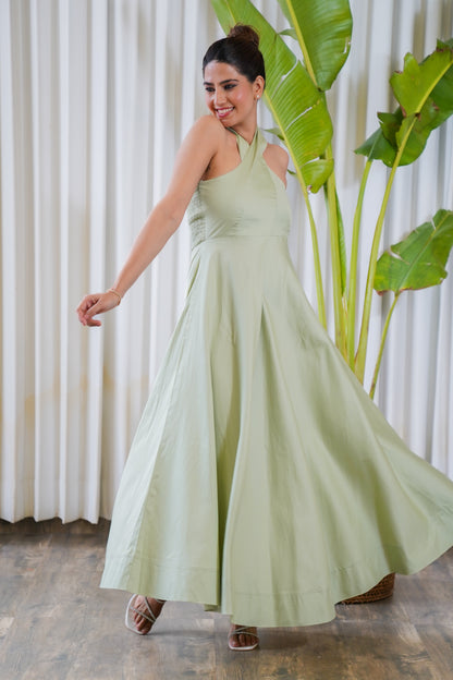 Halter-neck dull green maxi dress