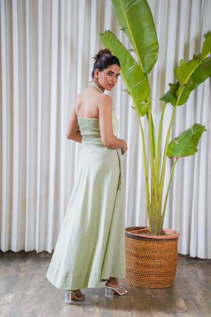 Halter-neck dull green maxi dress