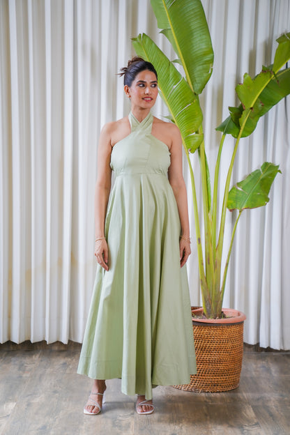 Halter-neck dull green maxi dress