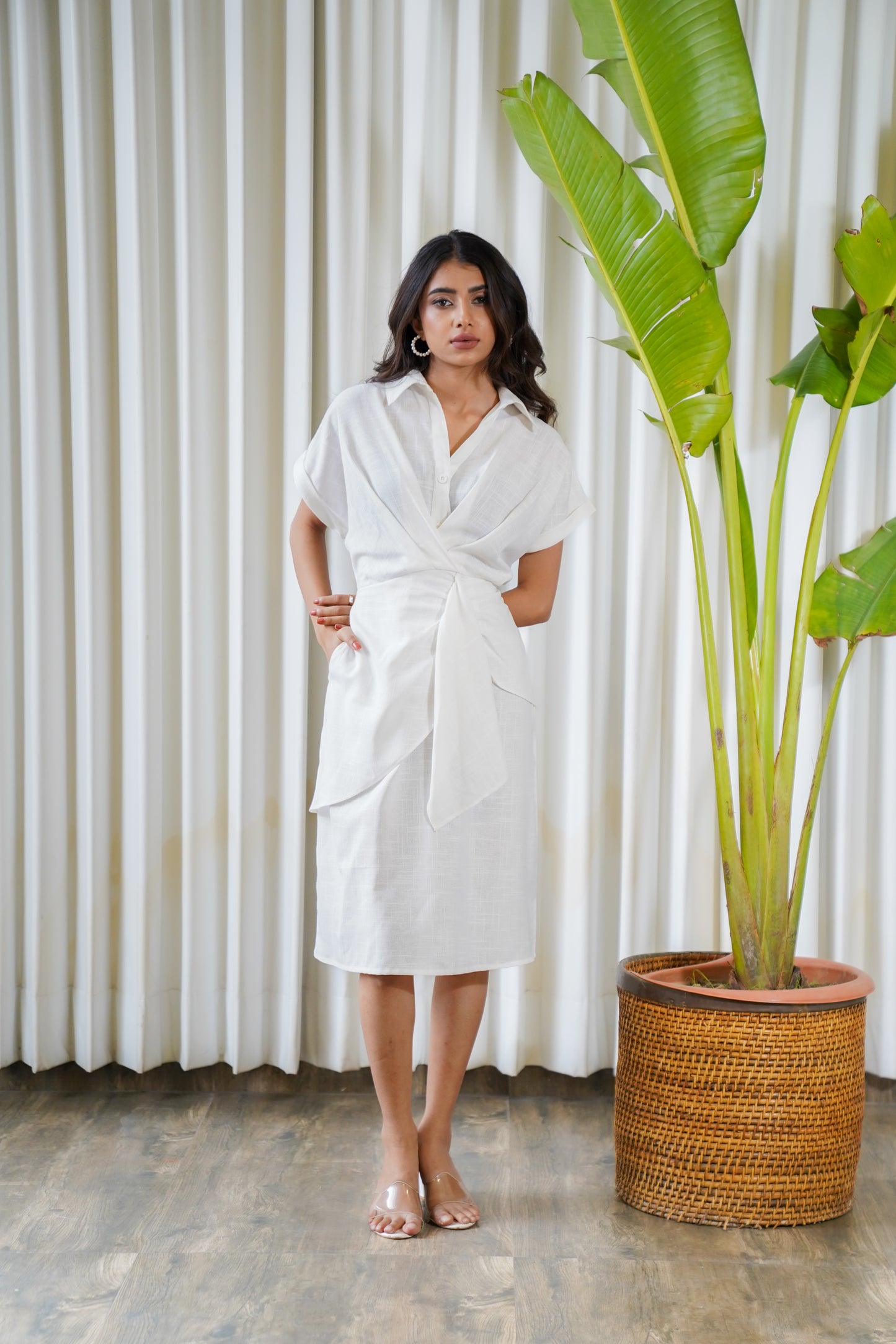 White linen drape midi shirt dress