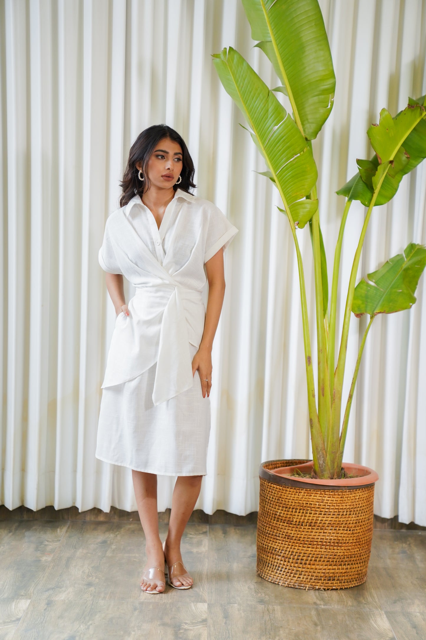 White linen drape midi shirt dress