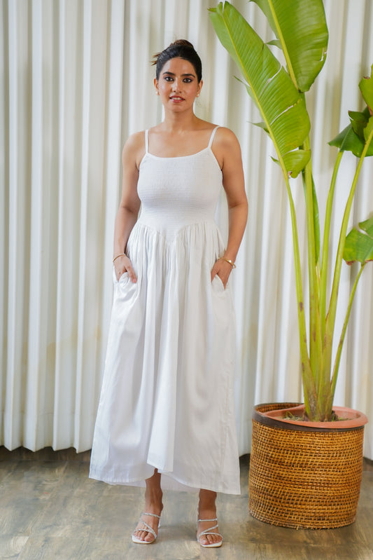 Strappy smocked body white maxi dress