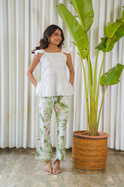 Flamingo print pants with white peplum top co-ord set