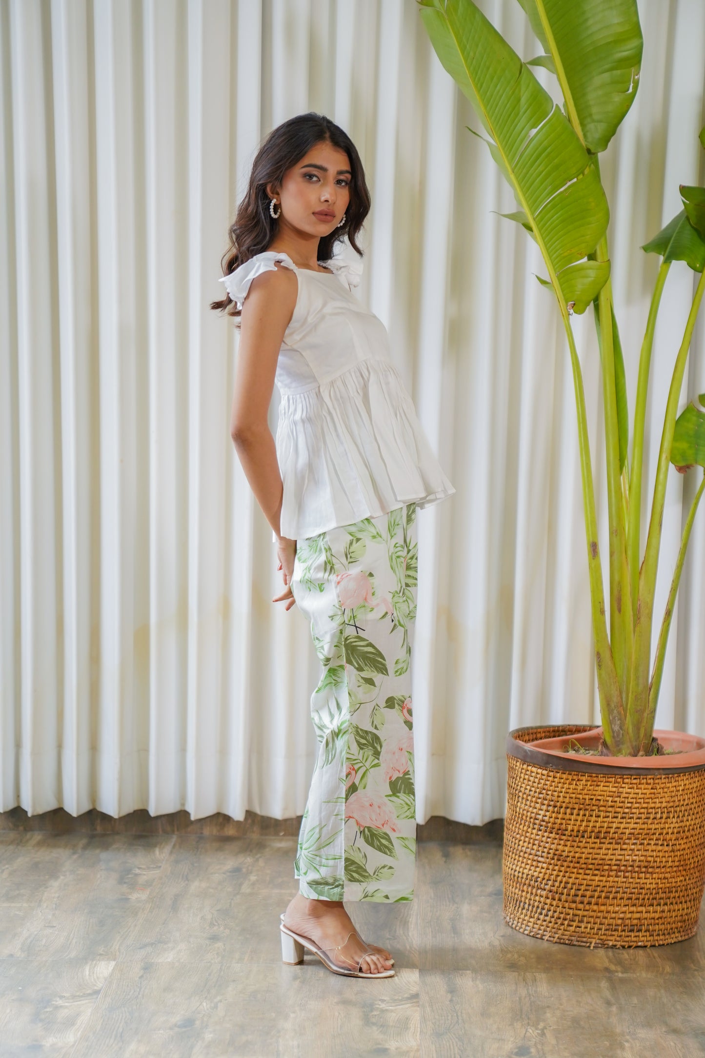 Flamingo print pants with white peplum top co-ord set