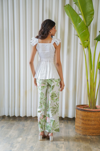 Flamingo print pants with white peplum top co-ord set