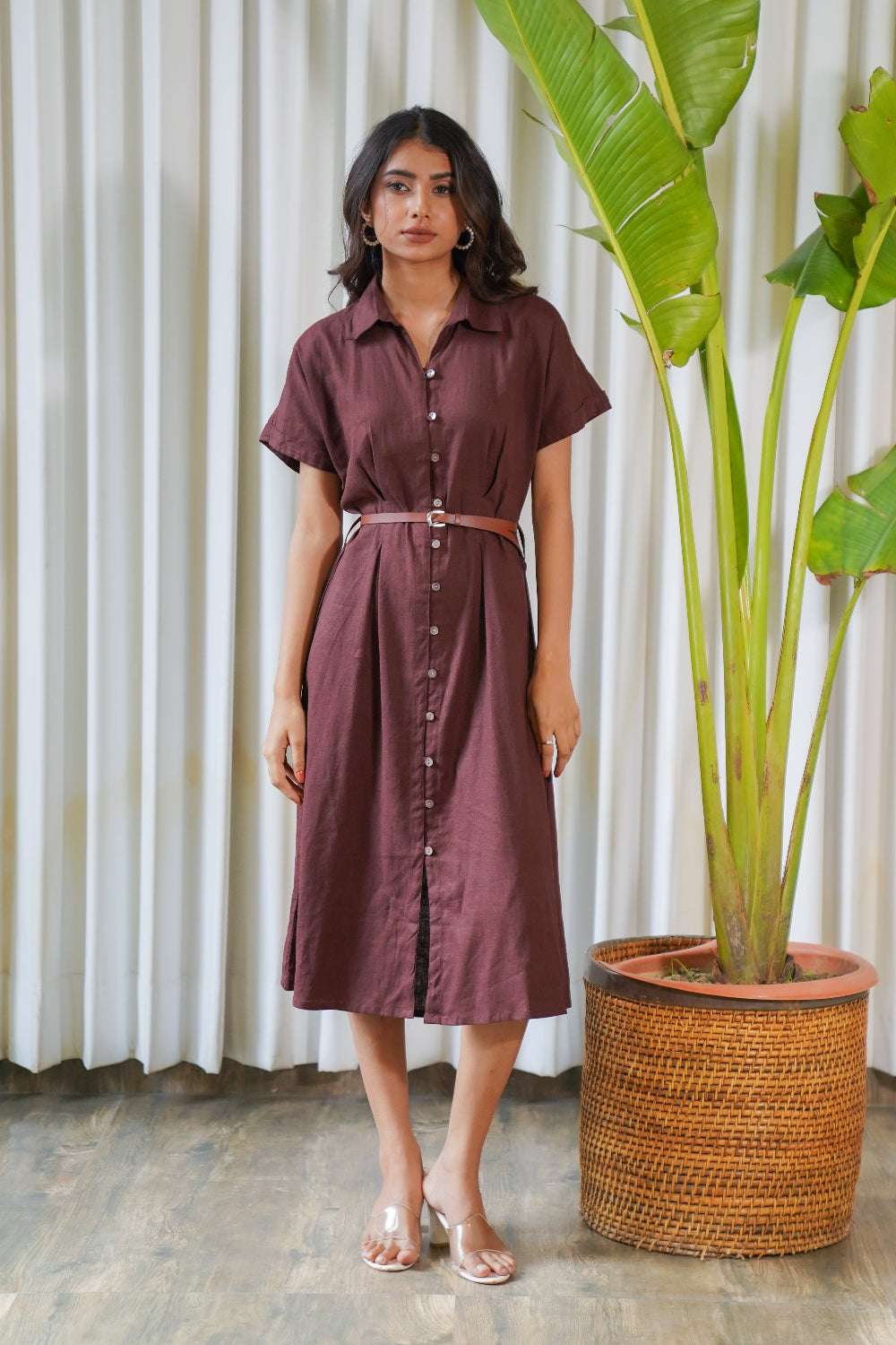 Shop Stylish Cocoa brown belted linen midi shirt dress for Girls