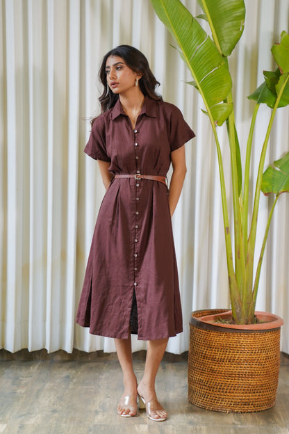 Cocoa brown belted linen midi shirt dress