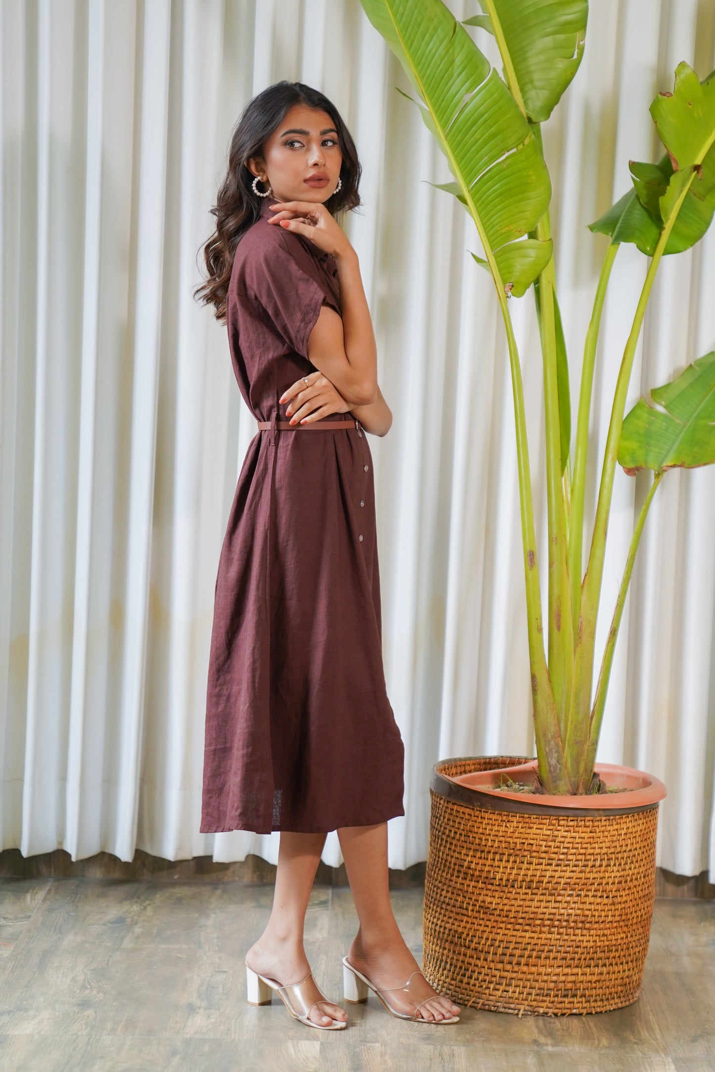 Cocoa brown belted linen midi shirt dress