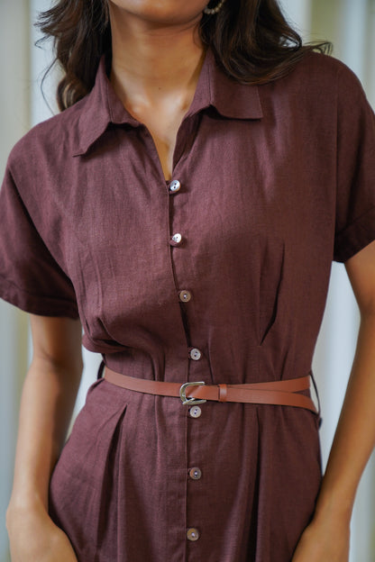 Cocoa brown belted linen midi shirt dress