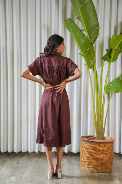 Cocoa brown belted linen midi shirt dress