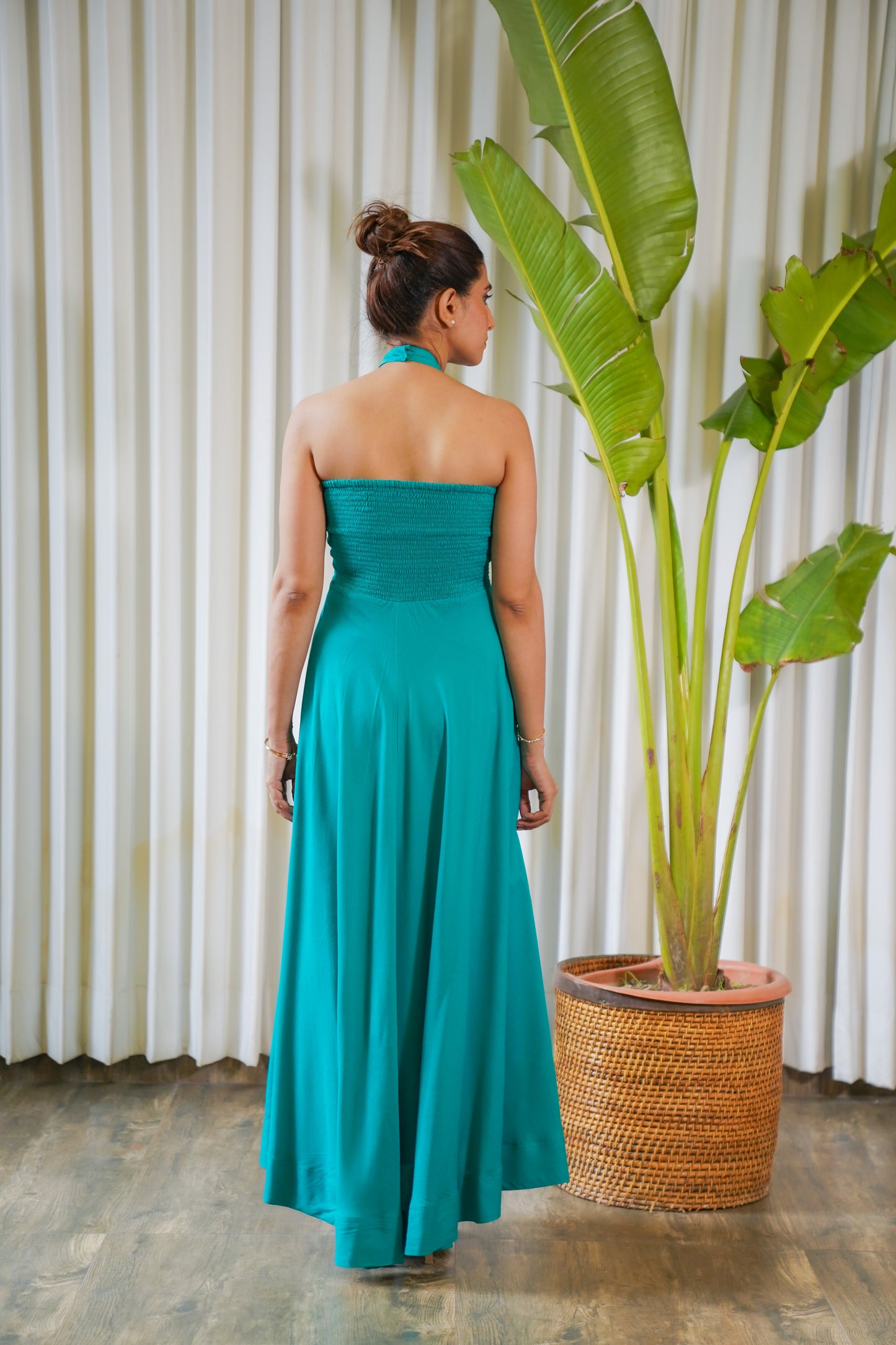 Halter-neck sea green maxi dress