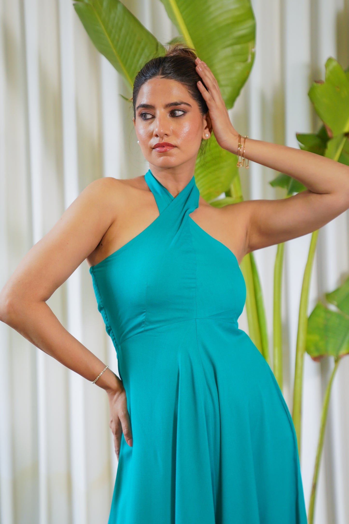 Halter-neck sea green maxi dress