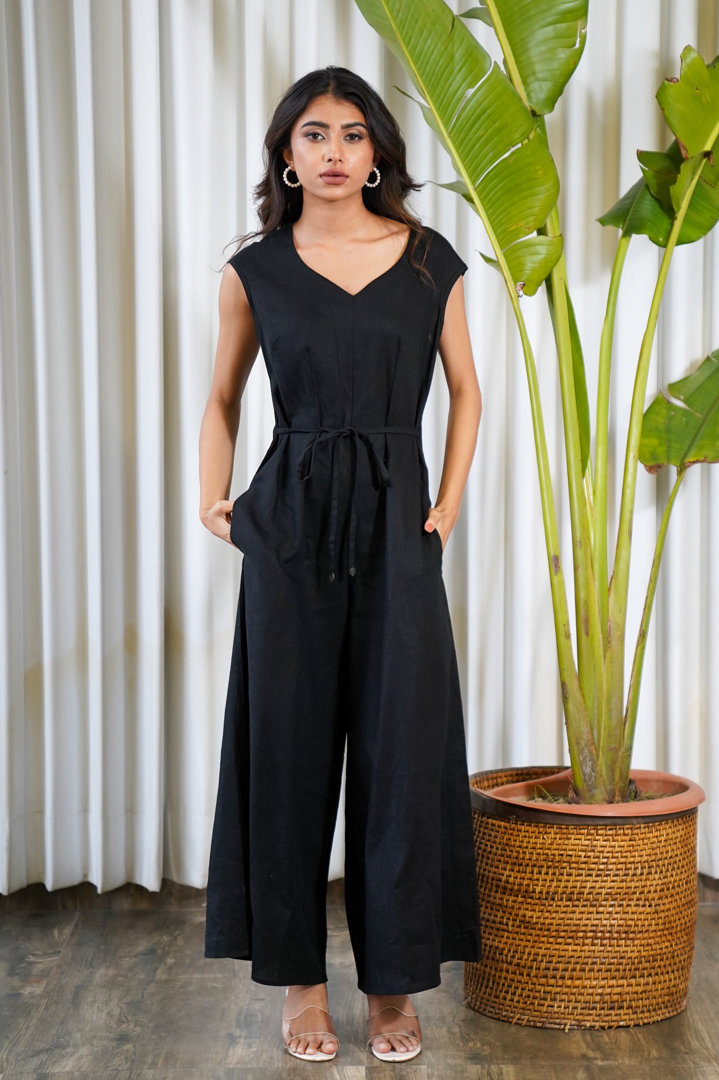 Loose fit black dori belted jumpsuit