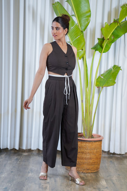 Bermuda style stripped pants with cropped waist coat set