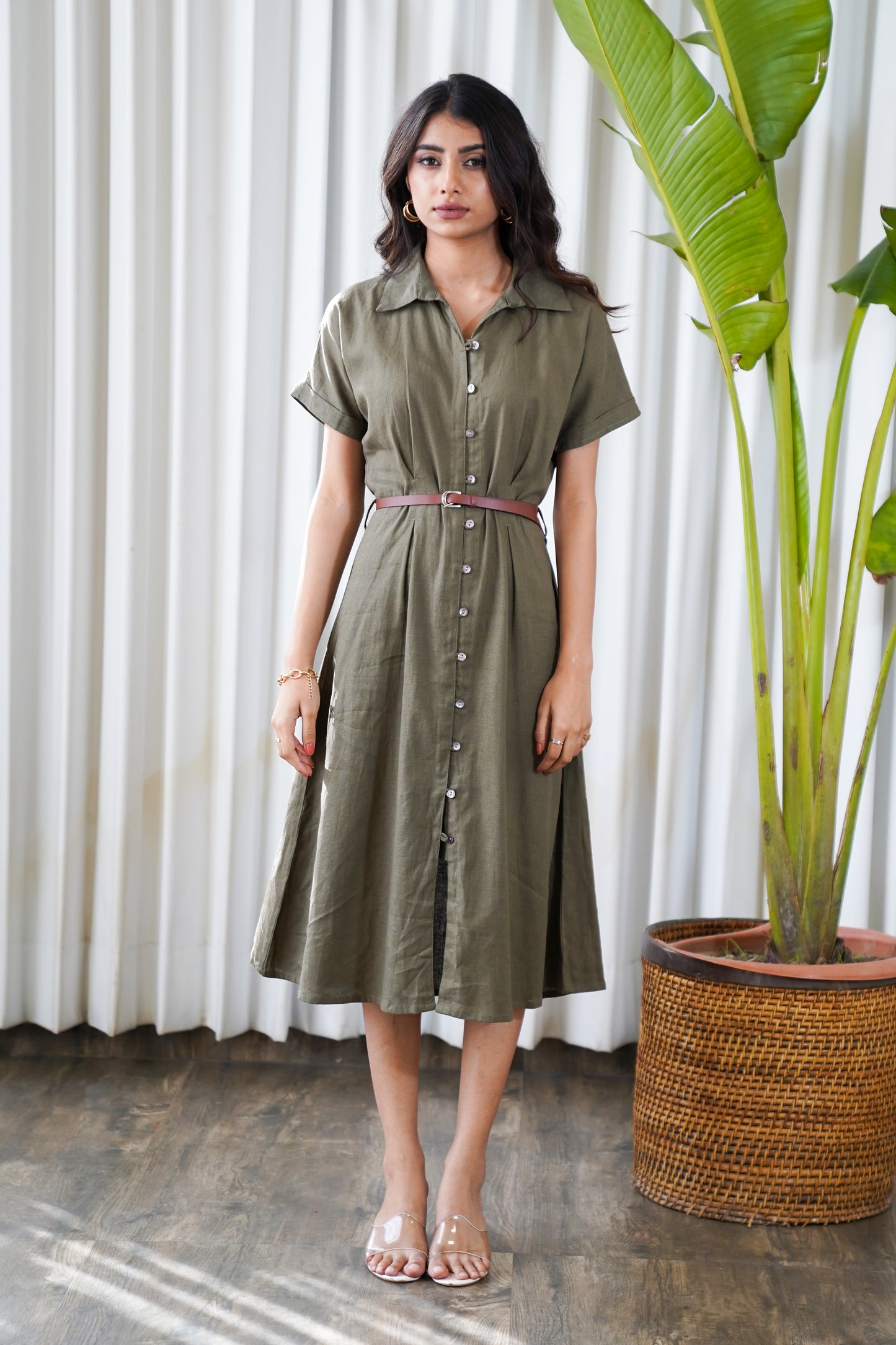 Olive green belted shirt style midi dress