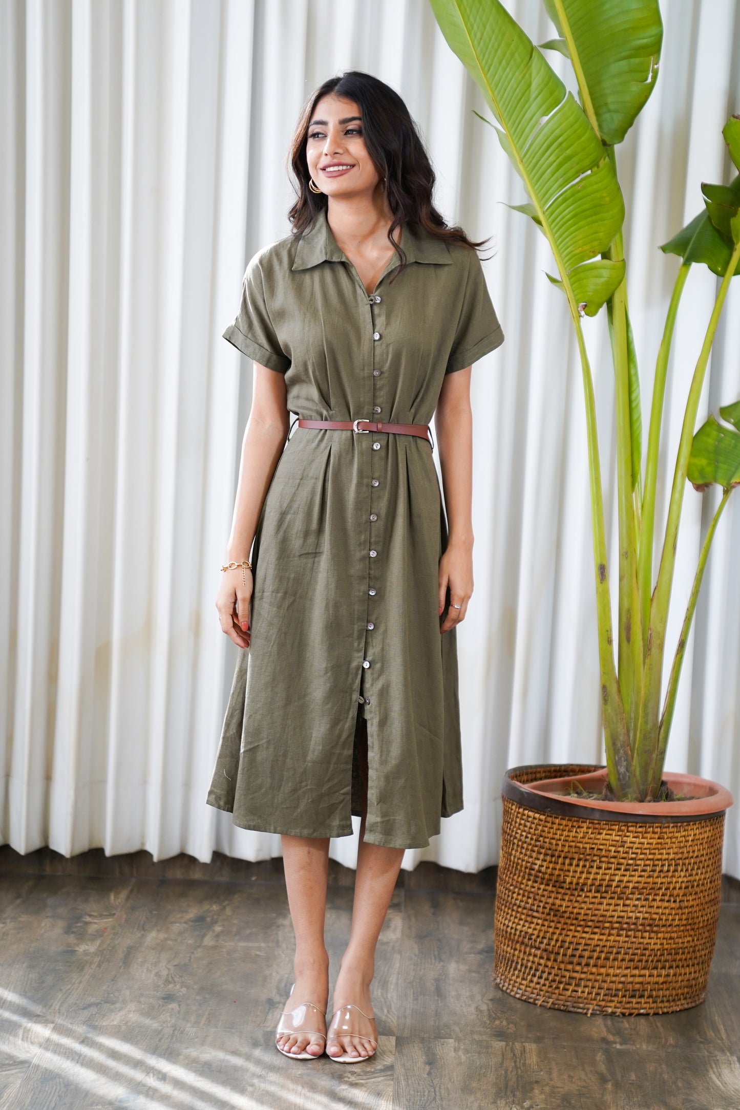 Olive green belted shirt style midi dress