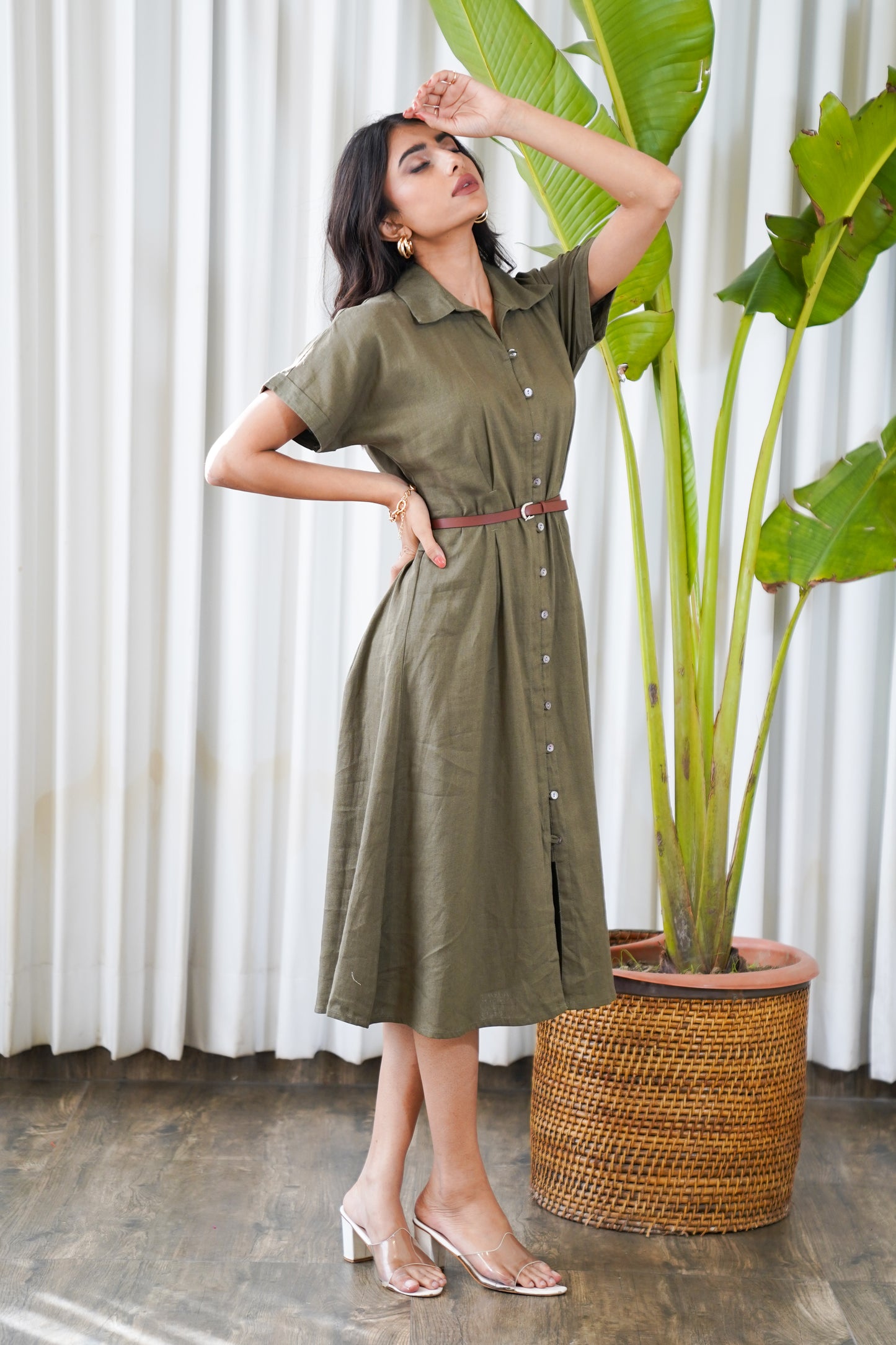 Olive green belted shirt style midi dress