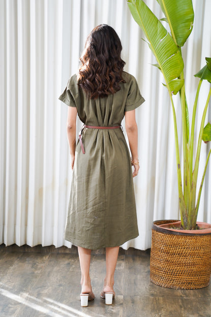 Olive green belted shirt style midi dress