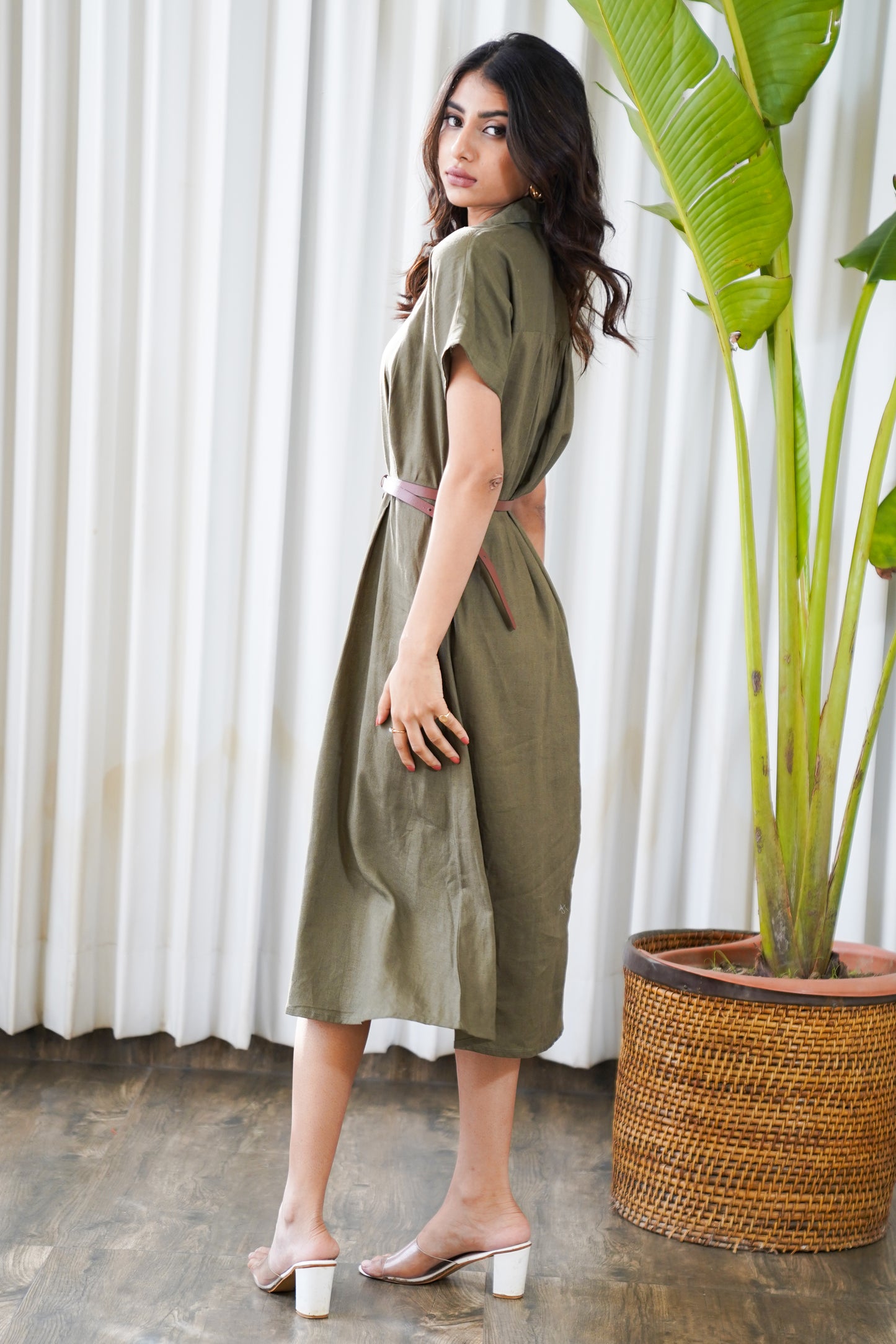 Olive green belted shirt style midi dress