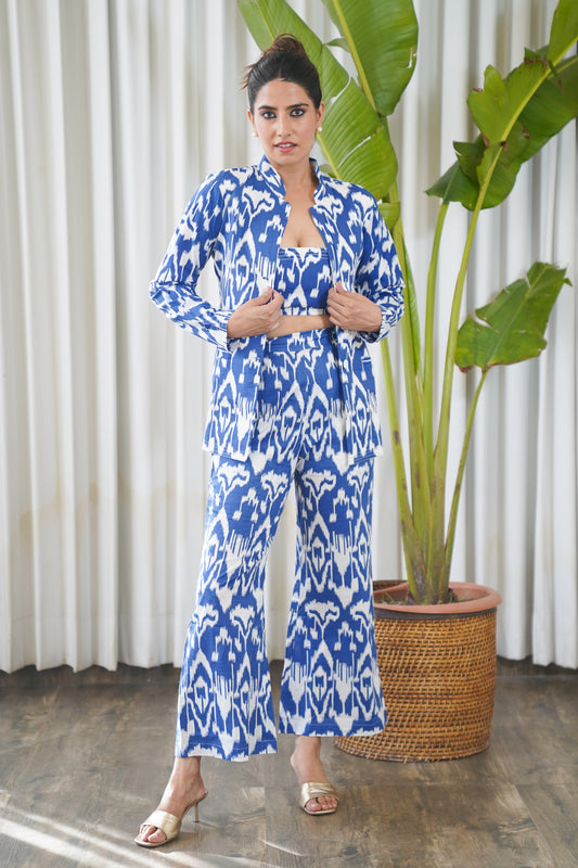 Blue & white ikkat print tube top with straight pants and shacket set