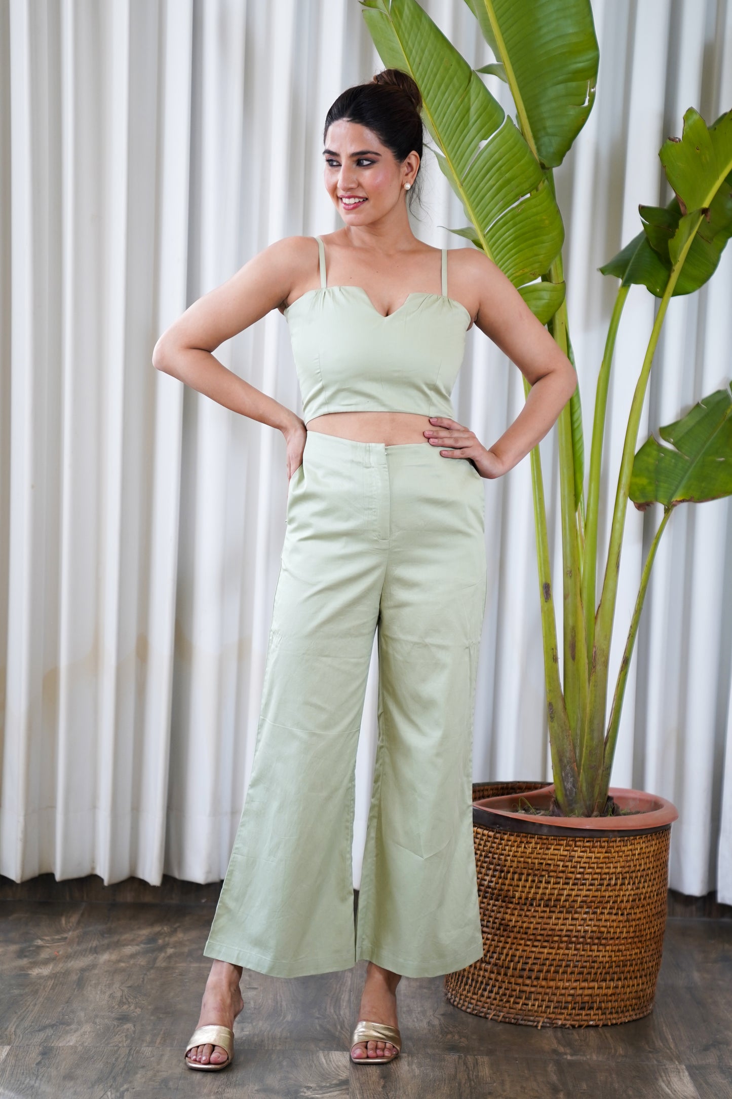 Dull green strapped bustier with culottes pants co-ord set