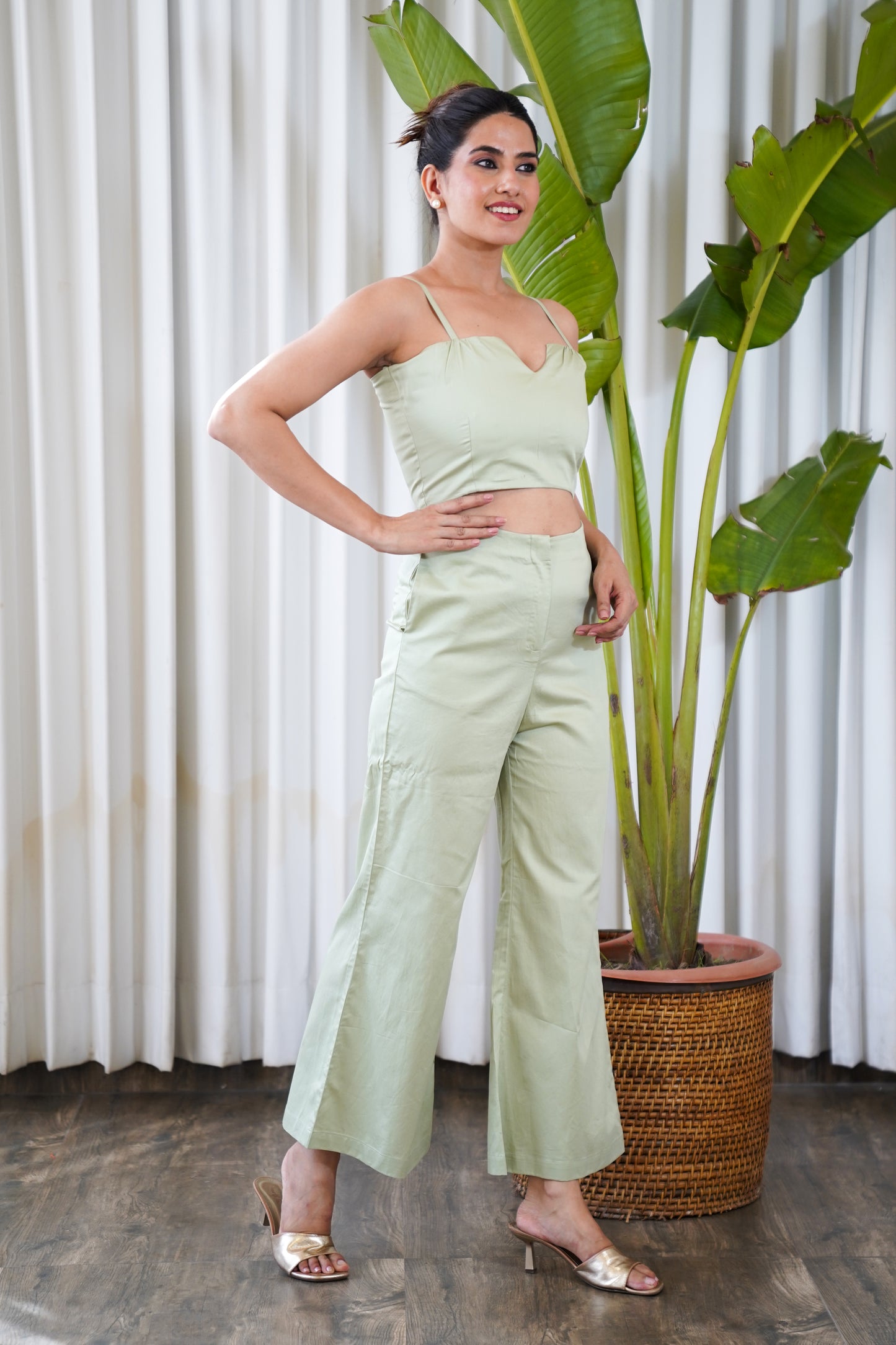 Dull green strapped bustier with culottes pants co-ord set