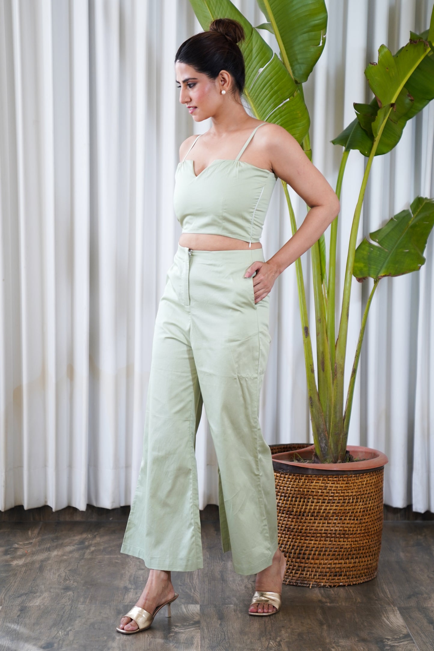 Dull green strapped bustier with culottes pants co-ord set