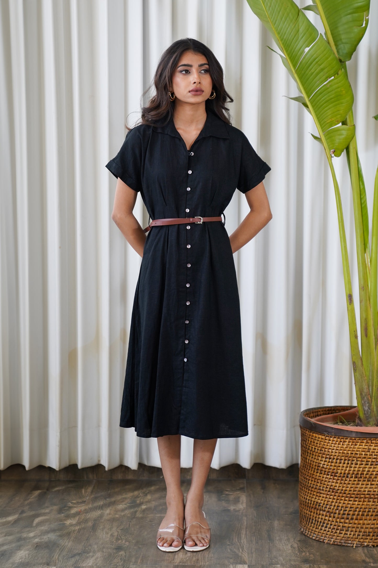 Black linen belted shirt style midi dress