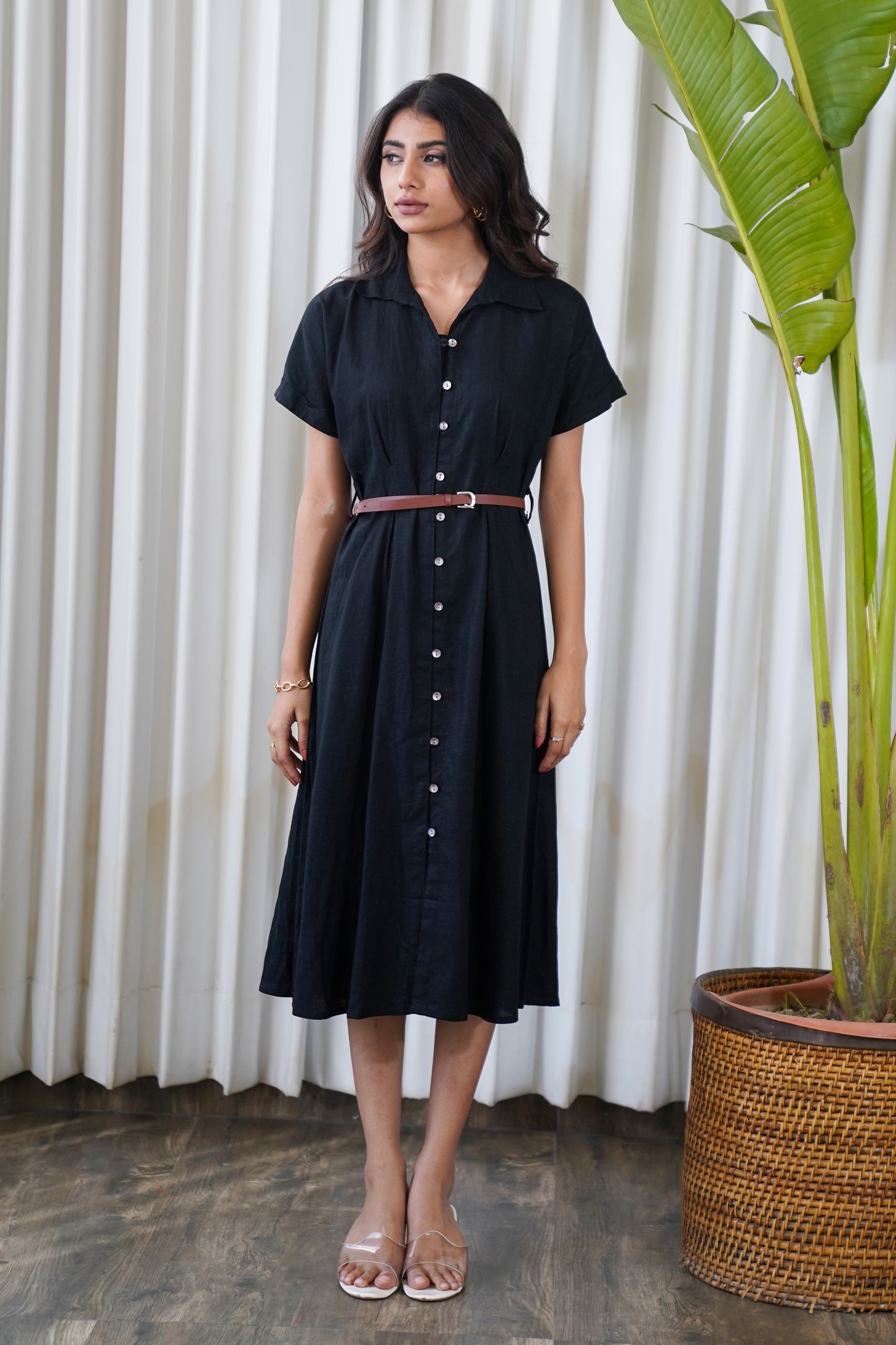 Black linen belted shirt style midi dress