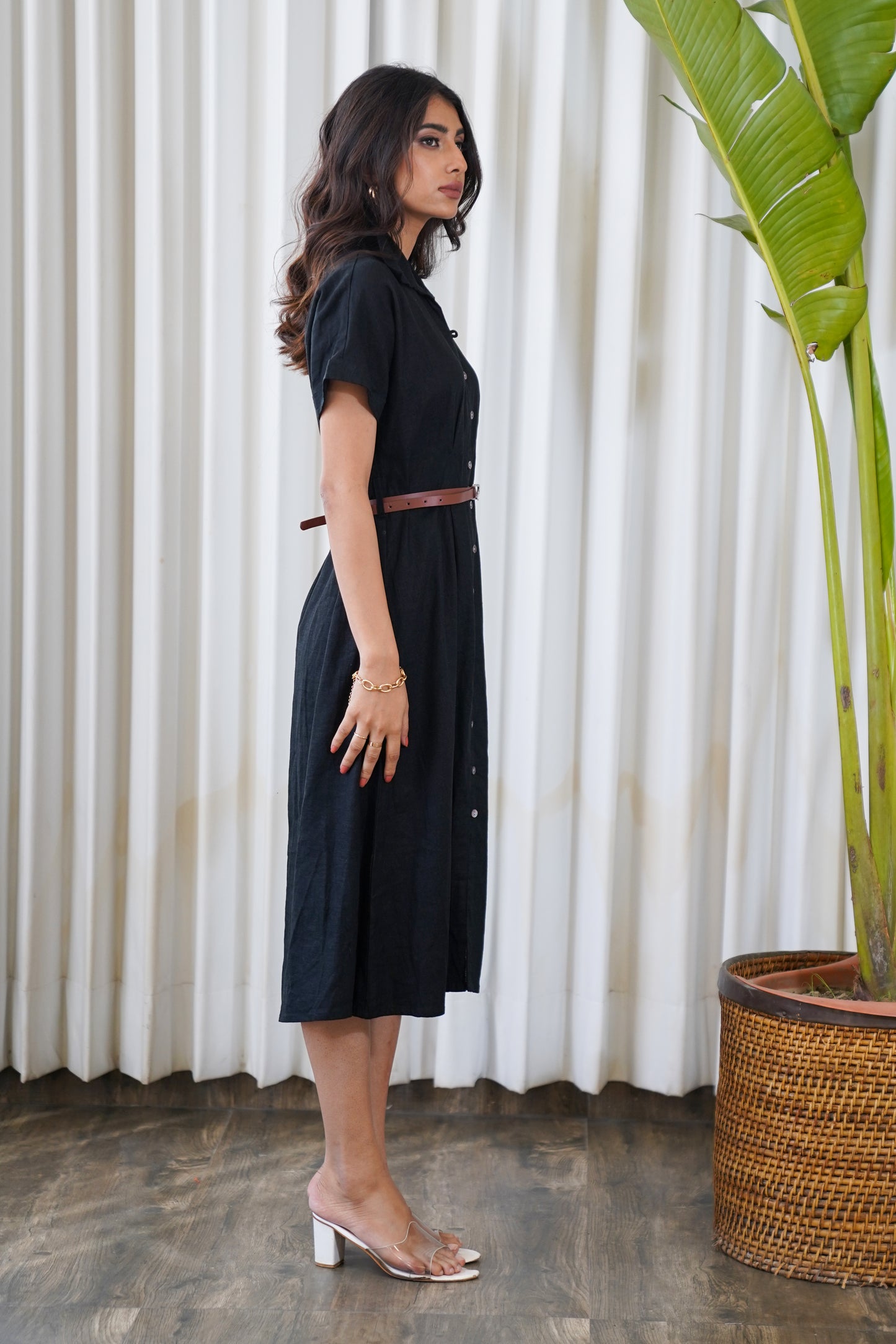 Black linen belted shirt style midi dress