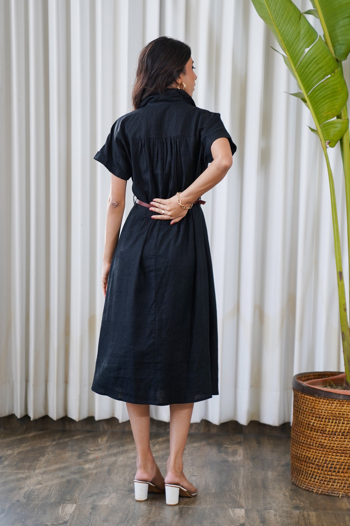 Black linen belted shirt style midi dress