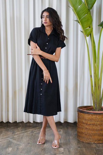 Black linen belted shirt style midi dress