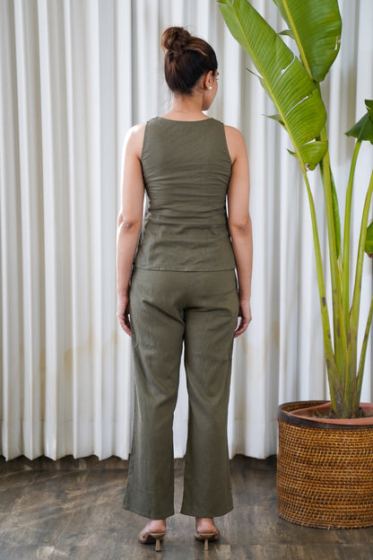 Olive green square neck top with straight pants set