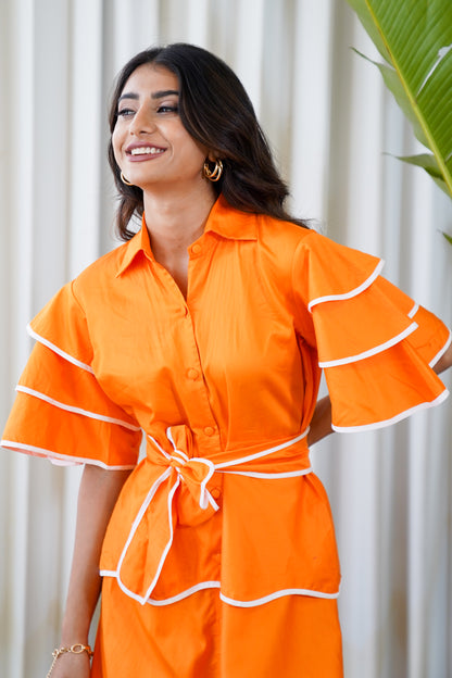 Orange midi dress with white layered hem piping midi