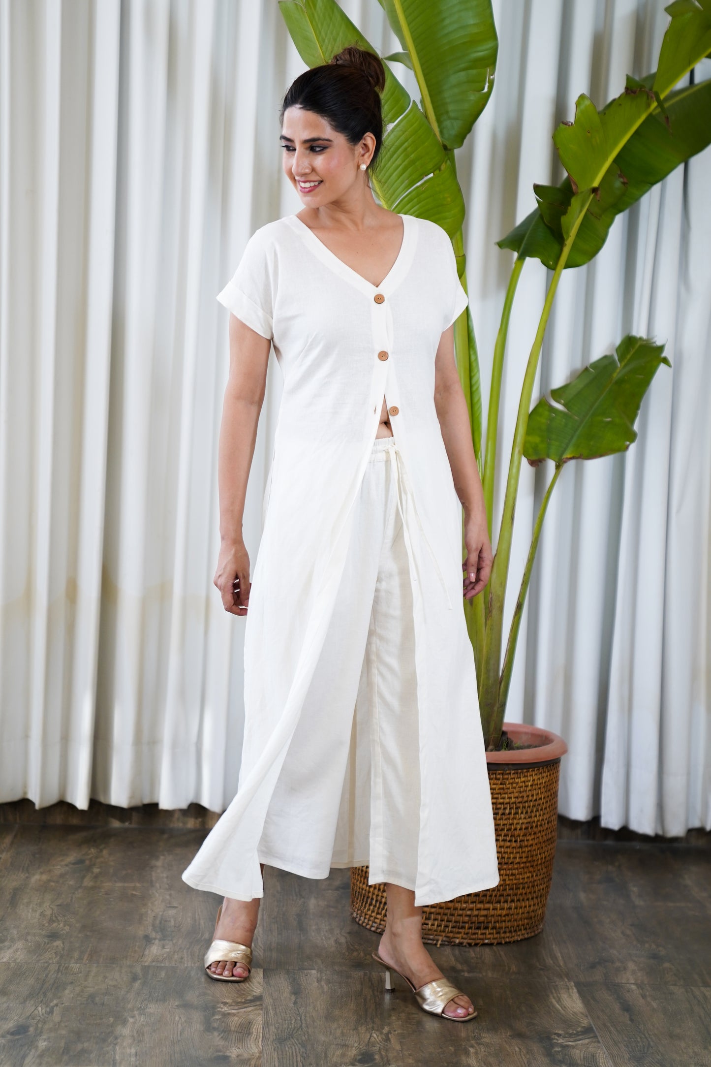 White full length long slit kurti with straight pants set