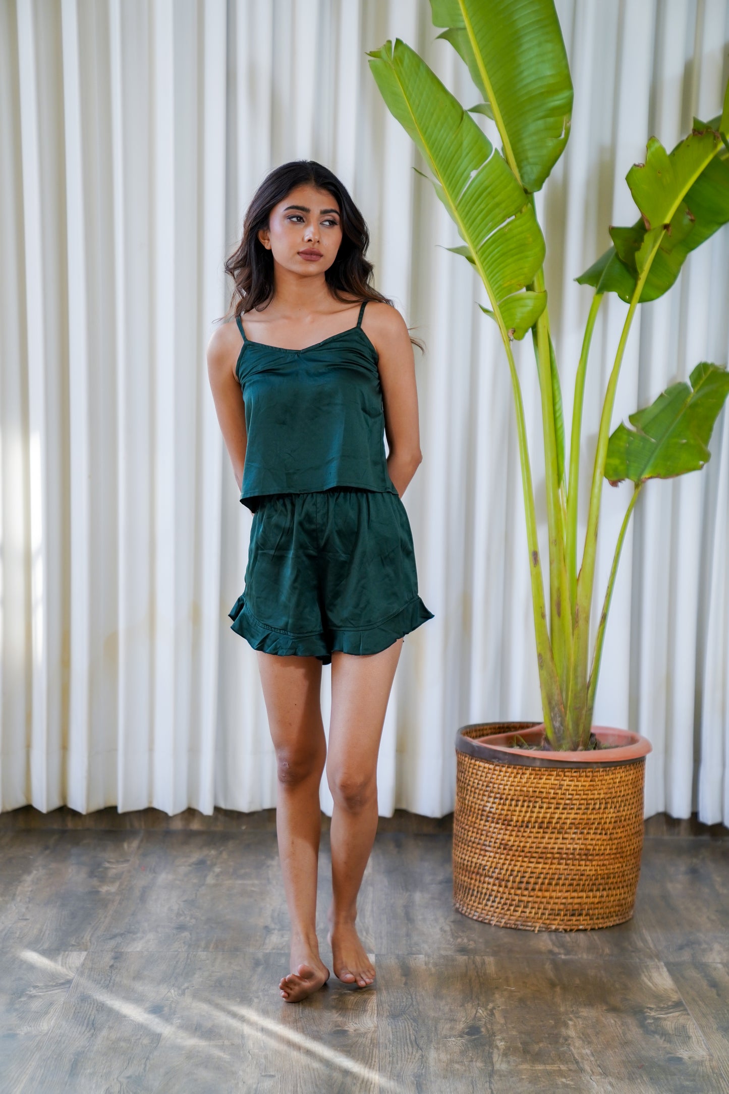 Ruffle hem satin bottle green shorts with strappy top night wear