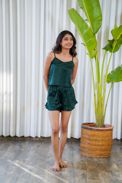 Ruffle hem satin bottle green shorts with strappy top night wear