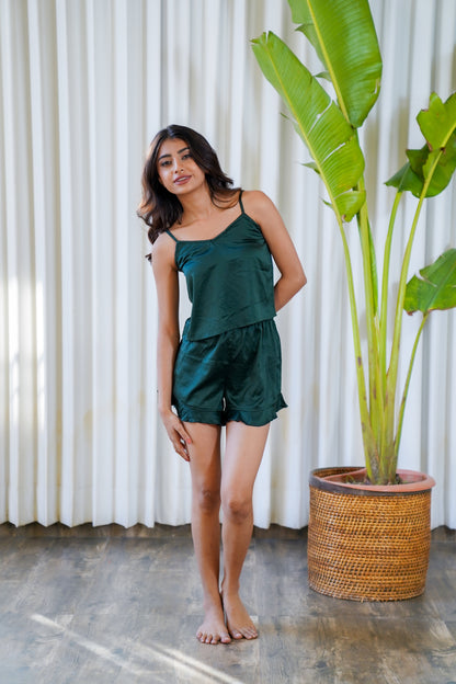 Ruffle hem satin bottle green shorts with strappy top night wear