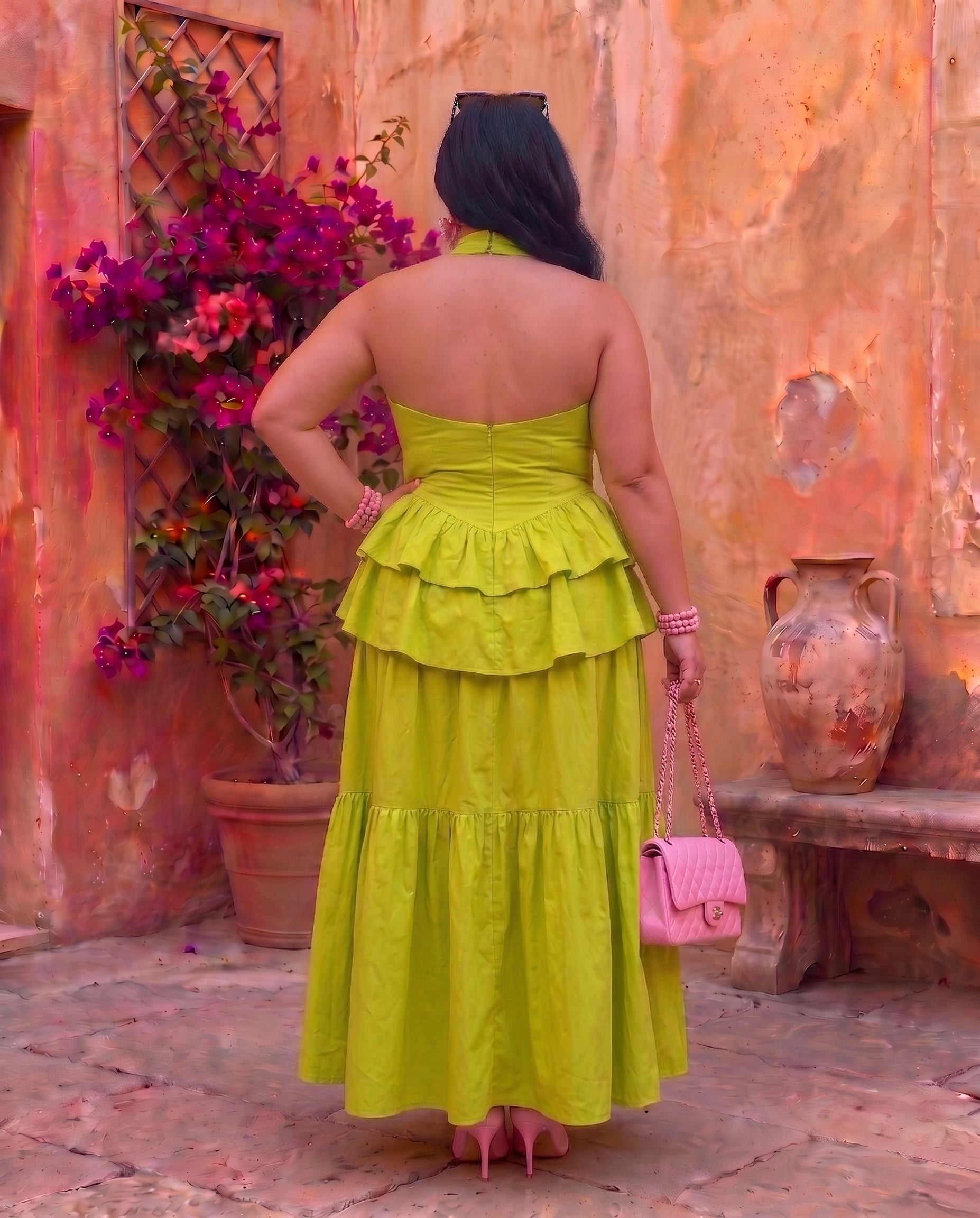 Lime Blossom Ruffle Maxi Dress Moonstruck